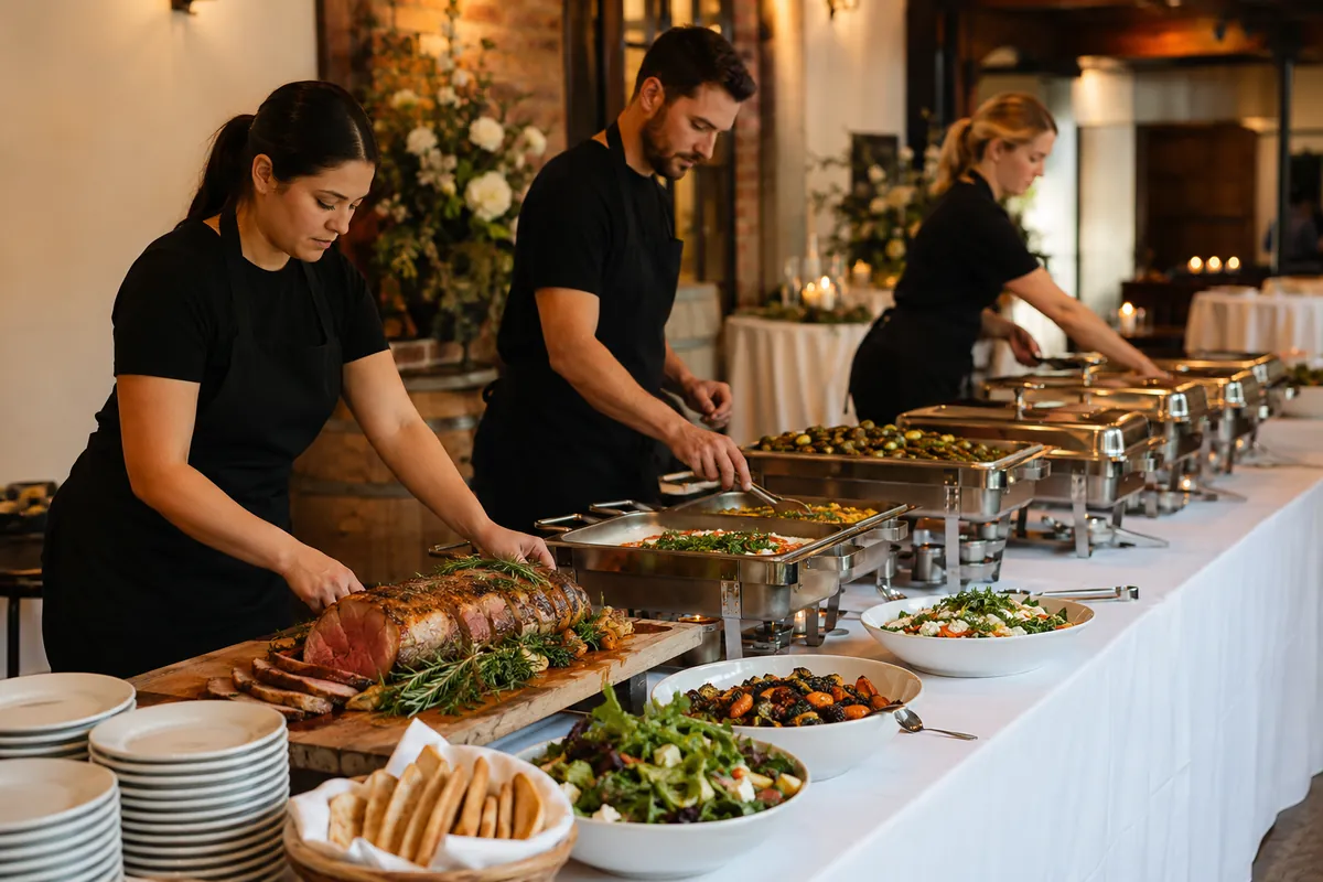 A catering team arranges a generous buffet line of chafing dishes at an event venue