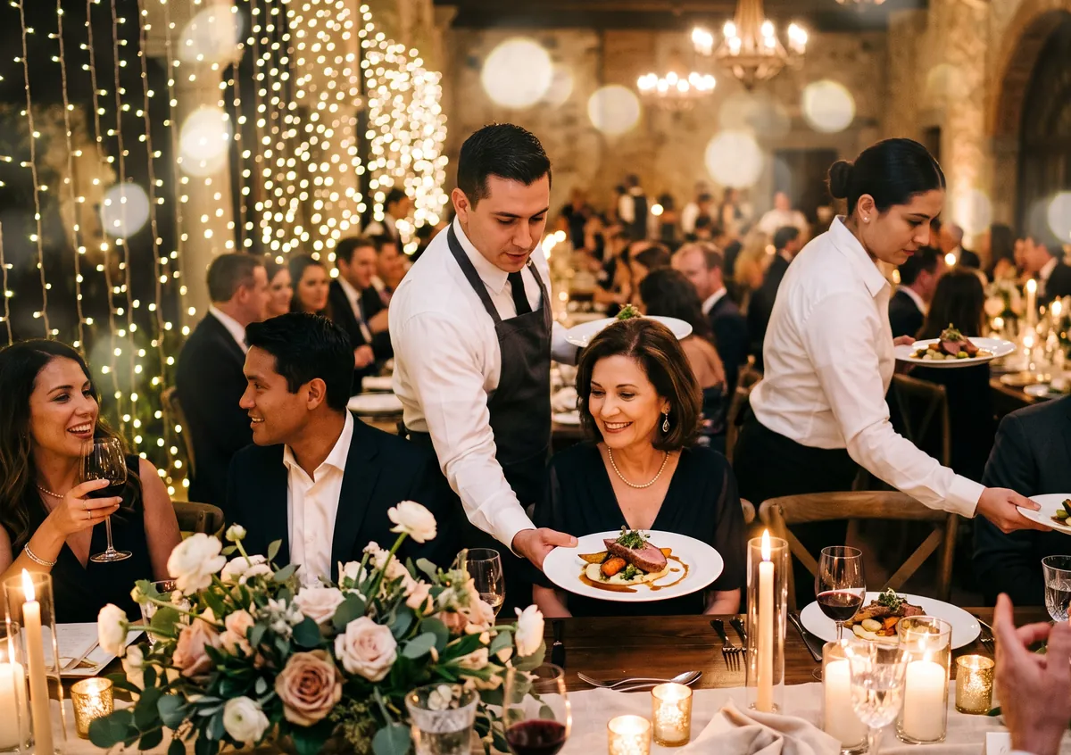 Servers place plated entrees at a candlelit wedding reception table with floral centerpieces